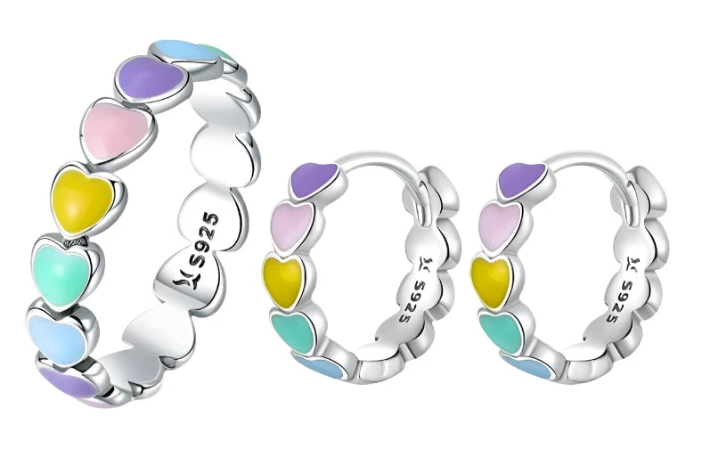 925 Sterling Silver Heart Earrings Ring Set