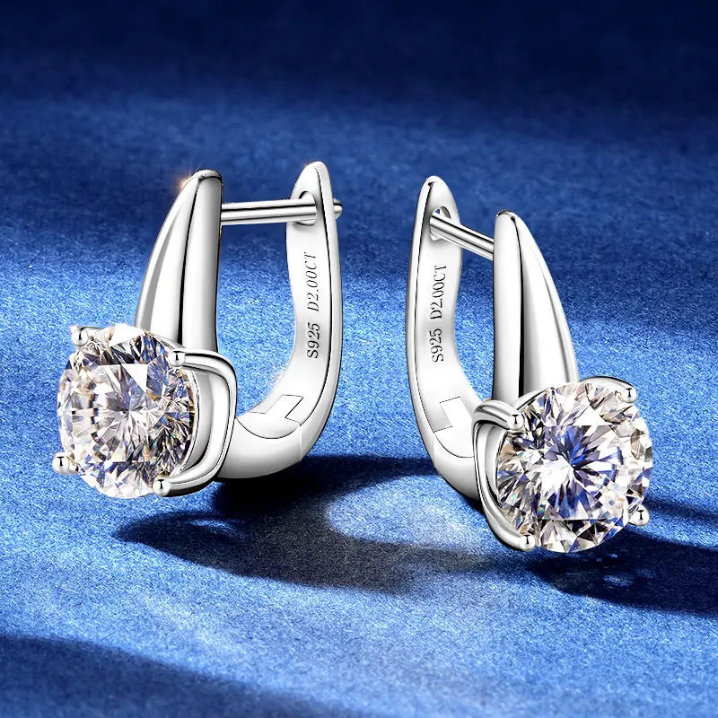 Sparkling Wedding 925 Silver 8mm 2.0ct Round Moissanite Earrings Womens Fashion Single Stone U-Shape Earrings