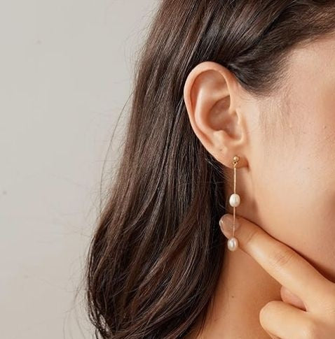 White Natural Rice Two Pearl Trendy Drop Earrings