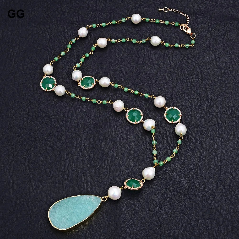 Natural Keshi Pearl & Jade Necklace With Amazonite Gemstone Pendant