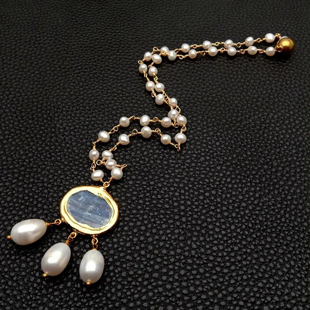 Natural White Pearl & Blue Kyanite Rosary Necklace