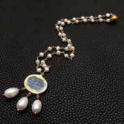 Natural White Pearl & Blue Kyanite Rosary Necklace