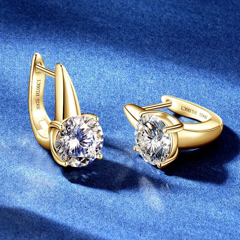 Sparkling Wedding 925 Silver 8mm 2.0ct Round Moissanite Earrings Womens Fashion Single Stone U-Shape Earrings