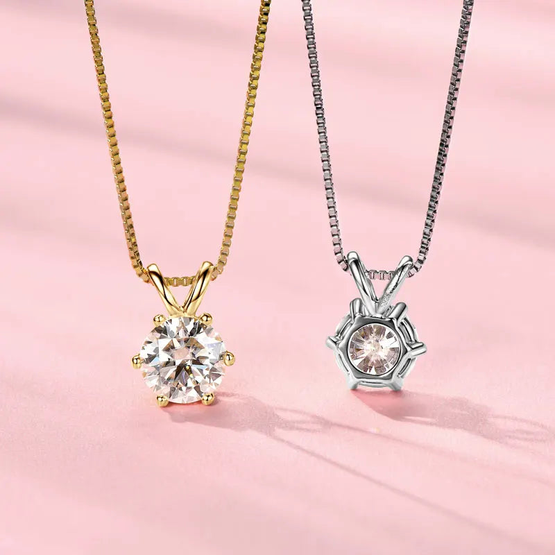 14K Gold Plated VVS Moissanite Pendant Necklace with Gra Certificate Six Claw Classic Six Sizes Available (5mm 6.5mm 8mm 9mm)