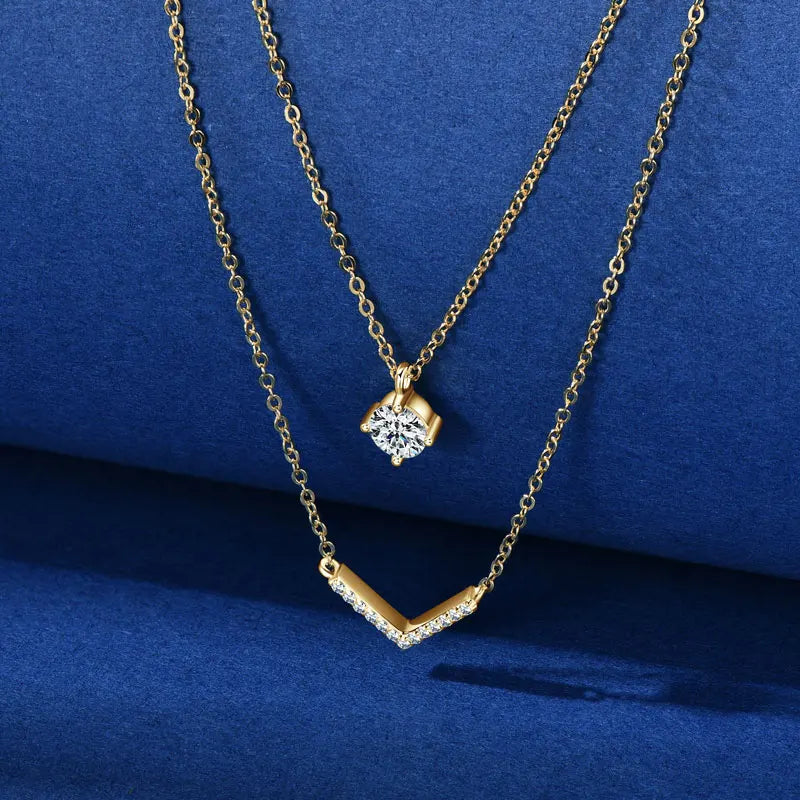 Elegant 925 Silver 5mm & 1.1mm Moissanite V Necklace for Women Double Layers Daily Wear Fashion Ladies Necklace
