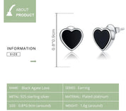 925 Sterling Silver Black Agate Heart Stud Earrings