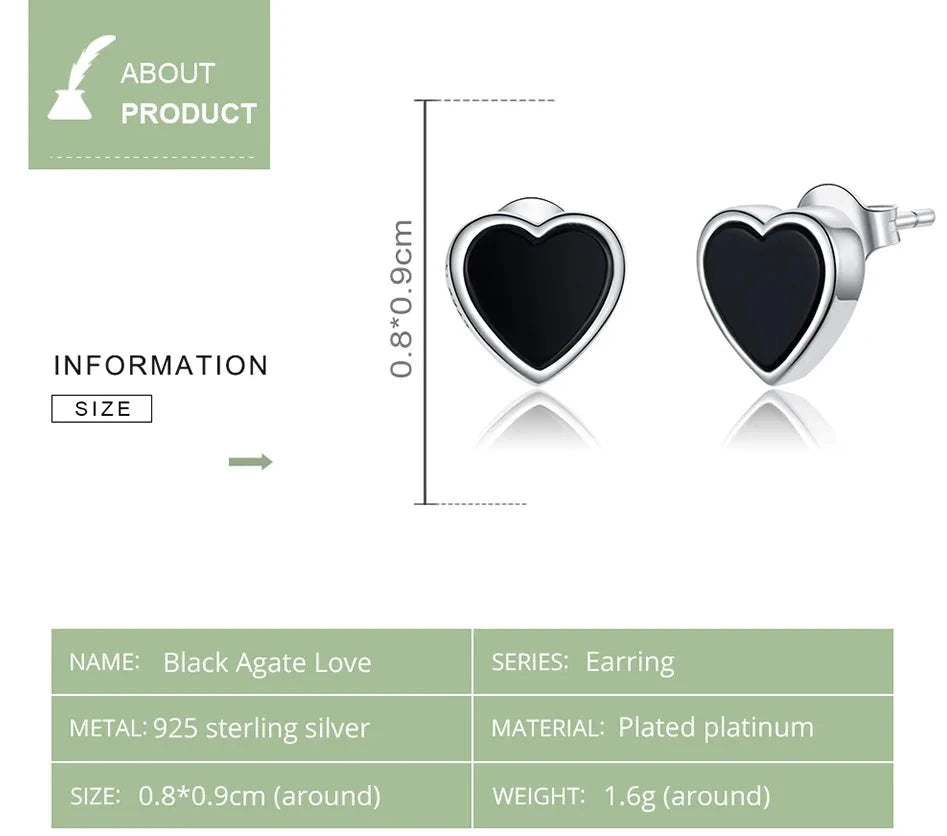 925 Sterling Silver Black Agate Heart Stud Earrings