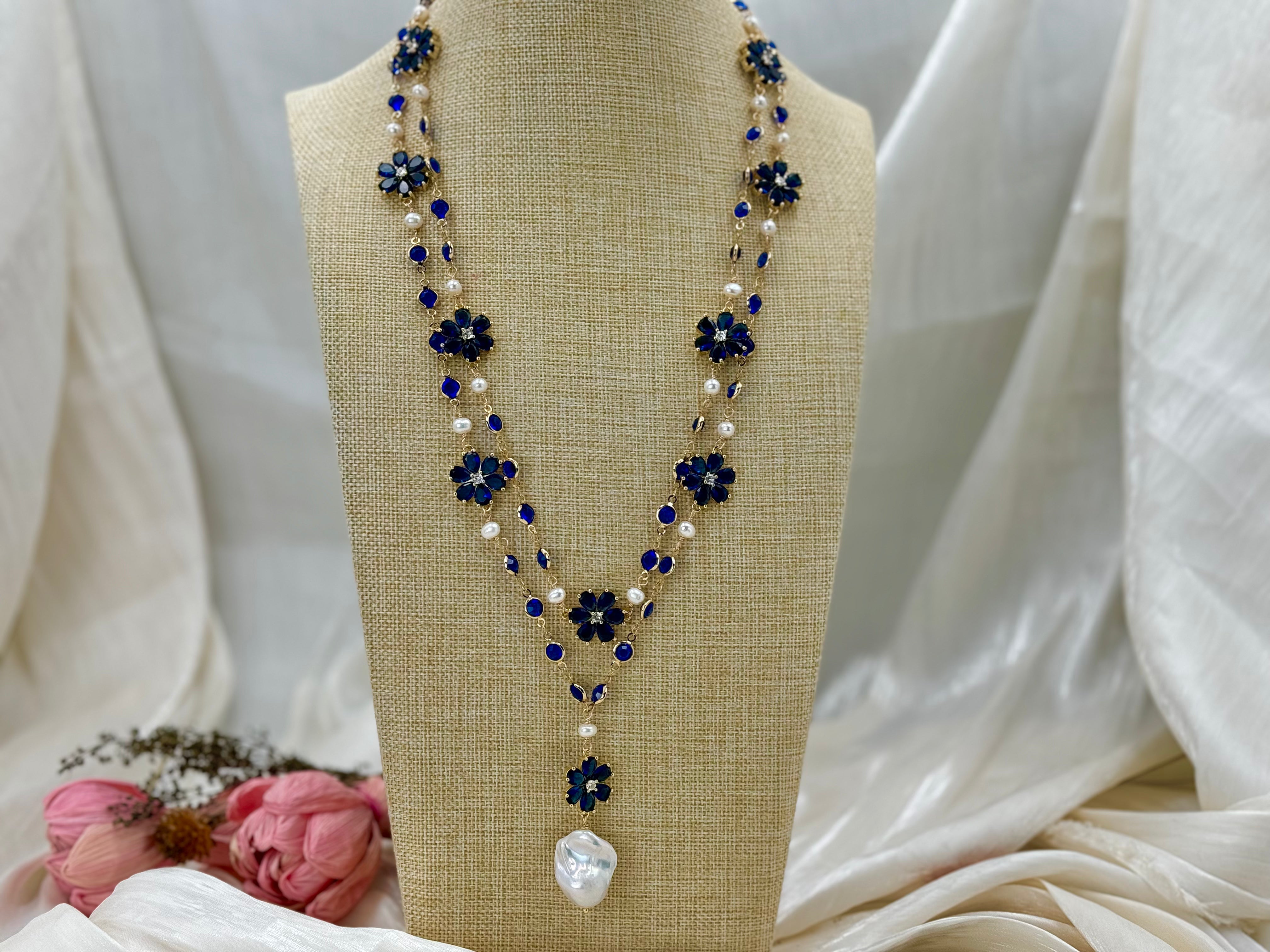 Blue floral cultured baroque pearl drop necklace