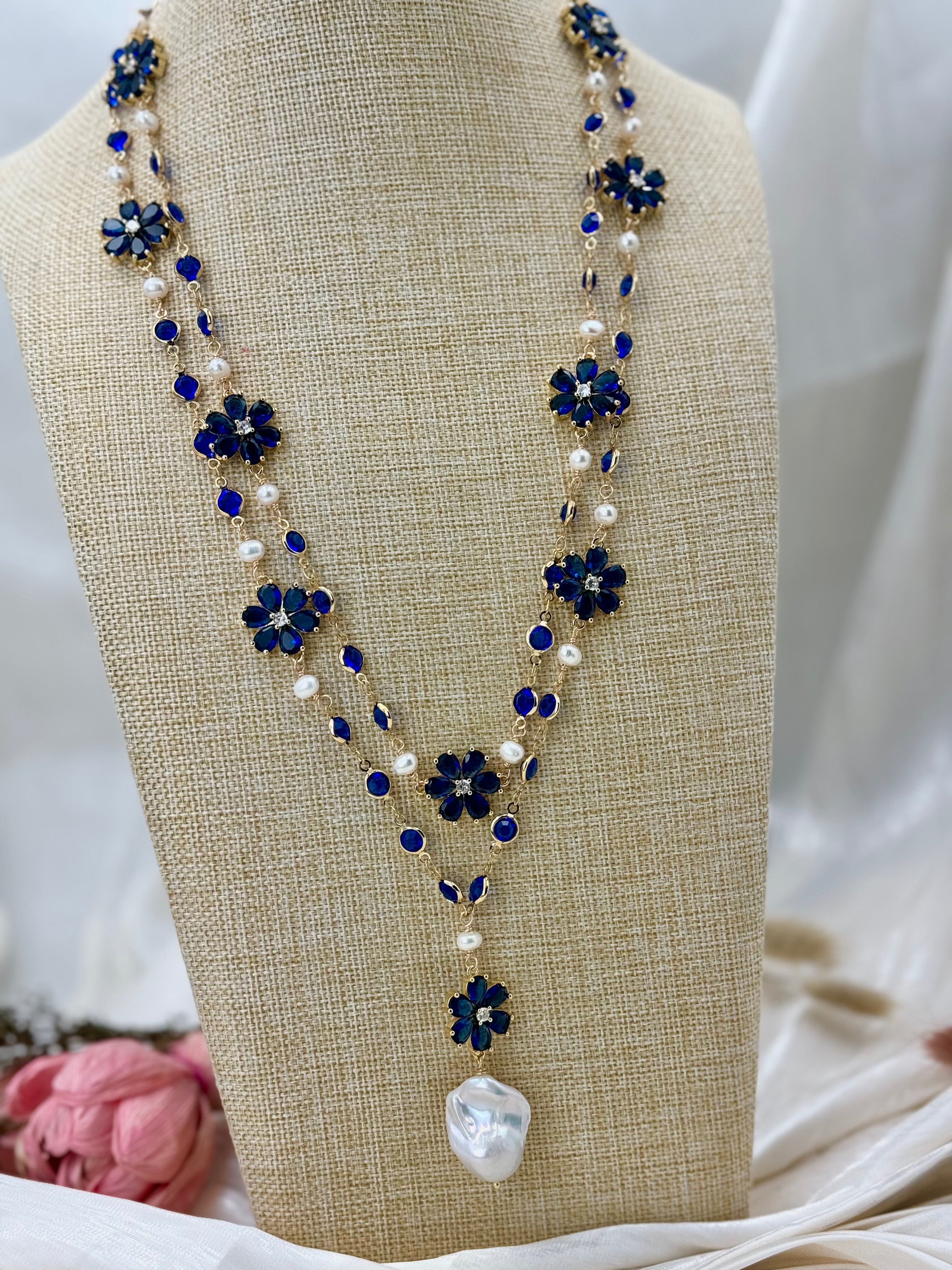 Blue floral cultured baroque pearl drop necklace