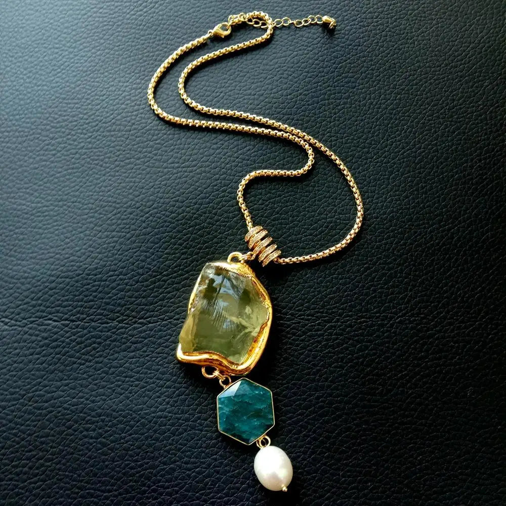Lemon Quartz & Blue Apatite Pearl Necklace
