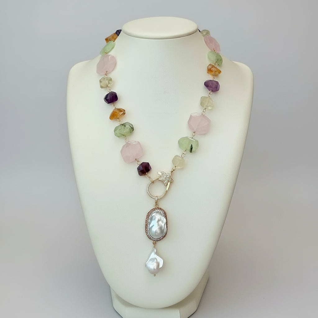 Multi-Color Citrine & Pearl Pendant Necklace