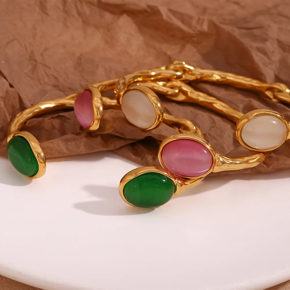 Oval Natural Stone Green Agate Bracelet