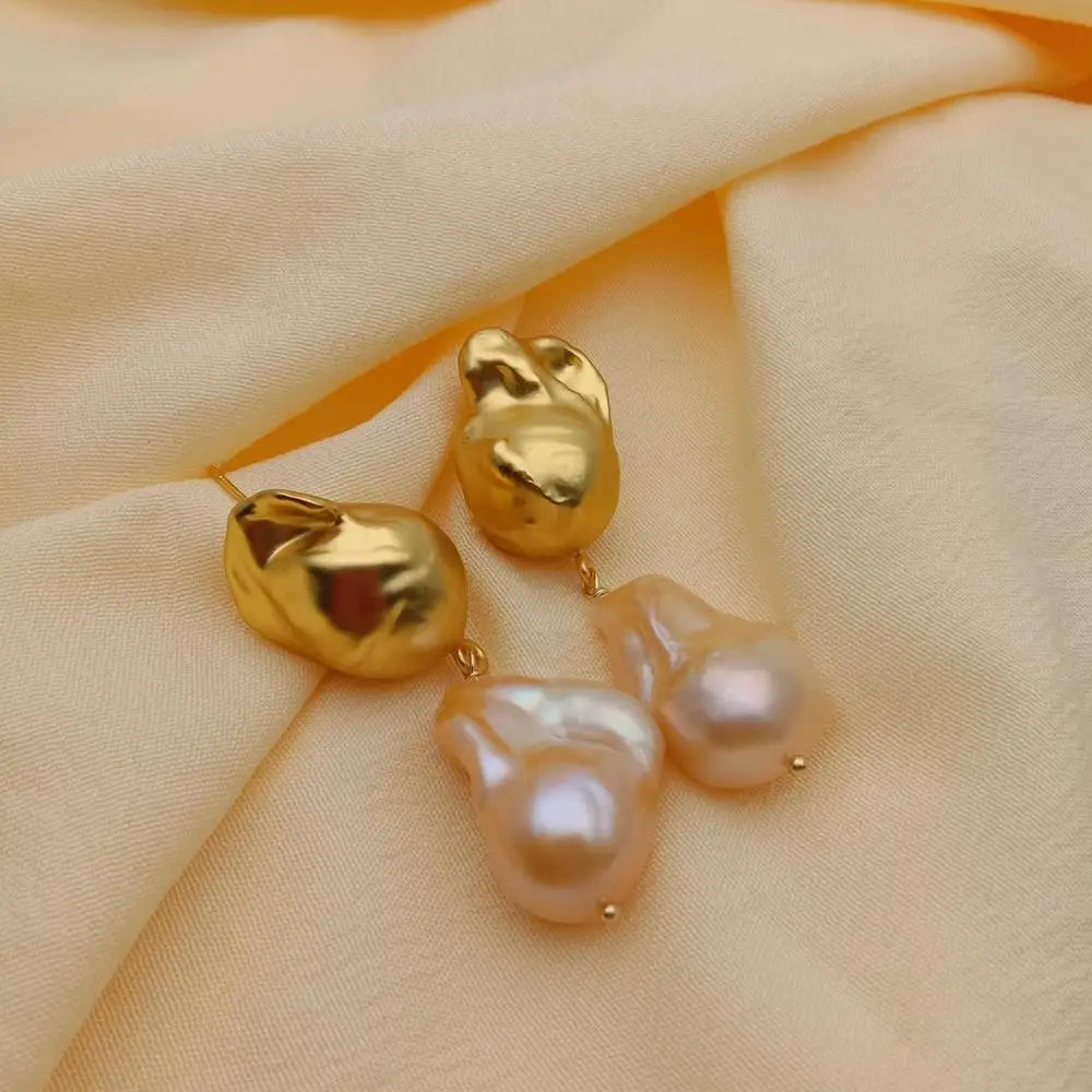 Pink Baroque Pearl Gold Drop Earrings