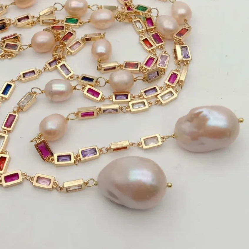 Pink Keshi Pearl & CZ Pave Long Chain Necklace