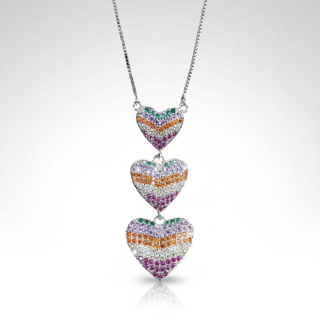 Rainbow CZ Triple Heart Pendant Necklace Set