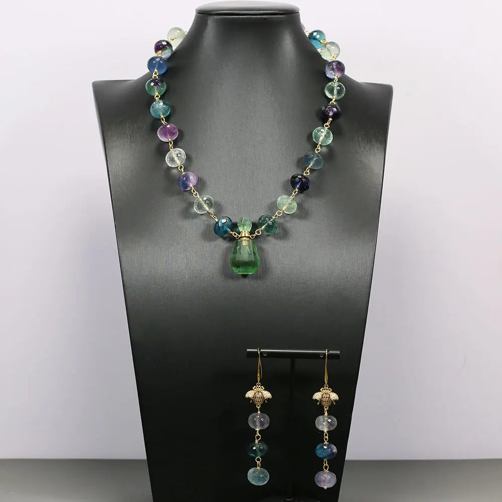 Natural gemstone Multi-Color Fluorite Pendant & Earrings Set