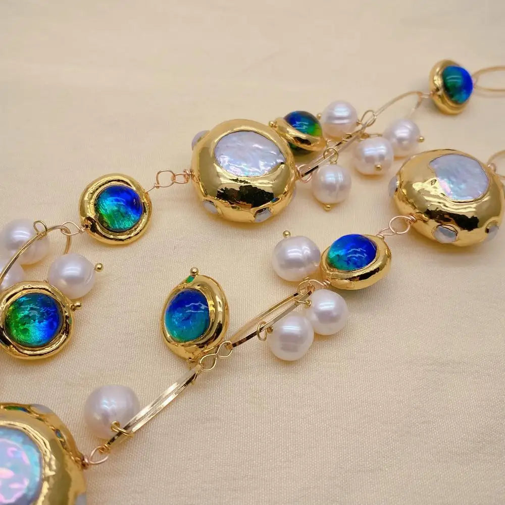 White Keshi Pearl & Blue Murano Glass Necklace