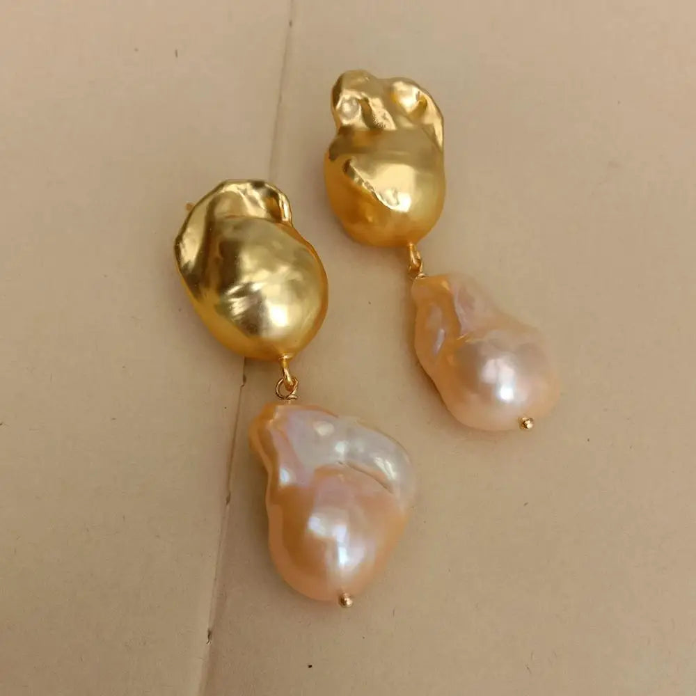 Natural  Baroque Pearl Gold Drop Earrings