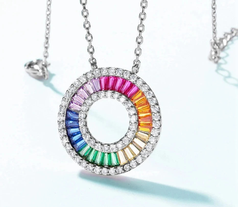 925 Silver Rainbow Colorful Zicron Circle Pendant Necklace
