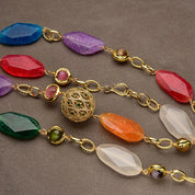 Natural Agate Chunky Real Stone Cat eye 18k plated Gold Beads CZ Long Necklace