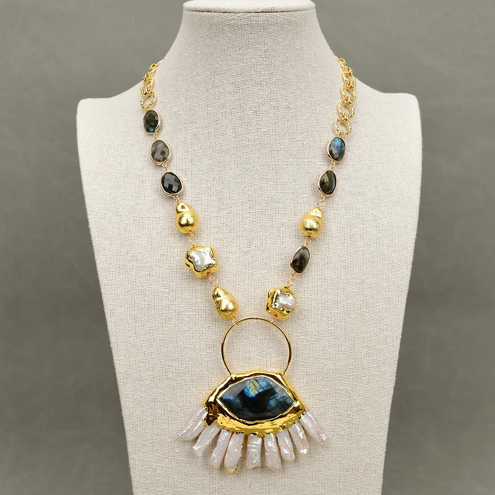 Natural White Keshi Flower Pearl Labradorite Gemstone Necklace