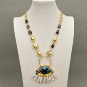 Natural White Keshi Flower Pearl Labradorite Gemstone Necklace