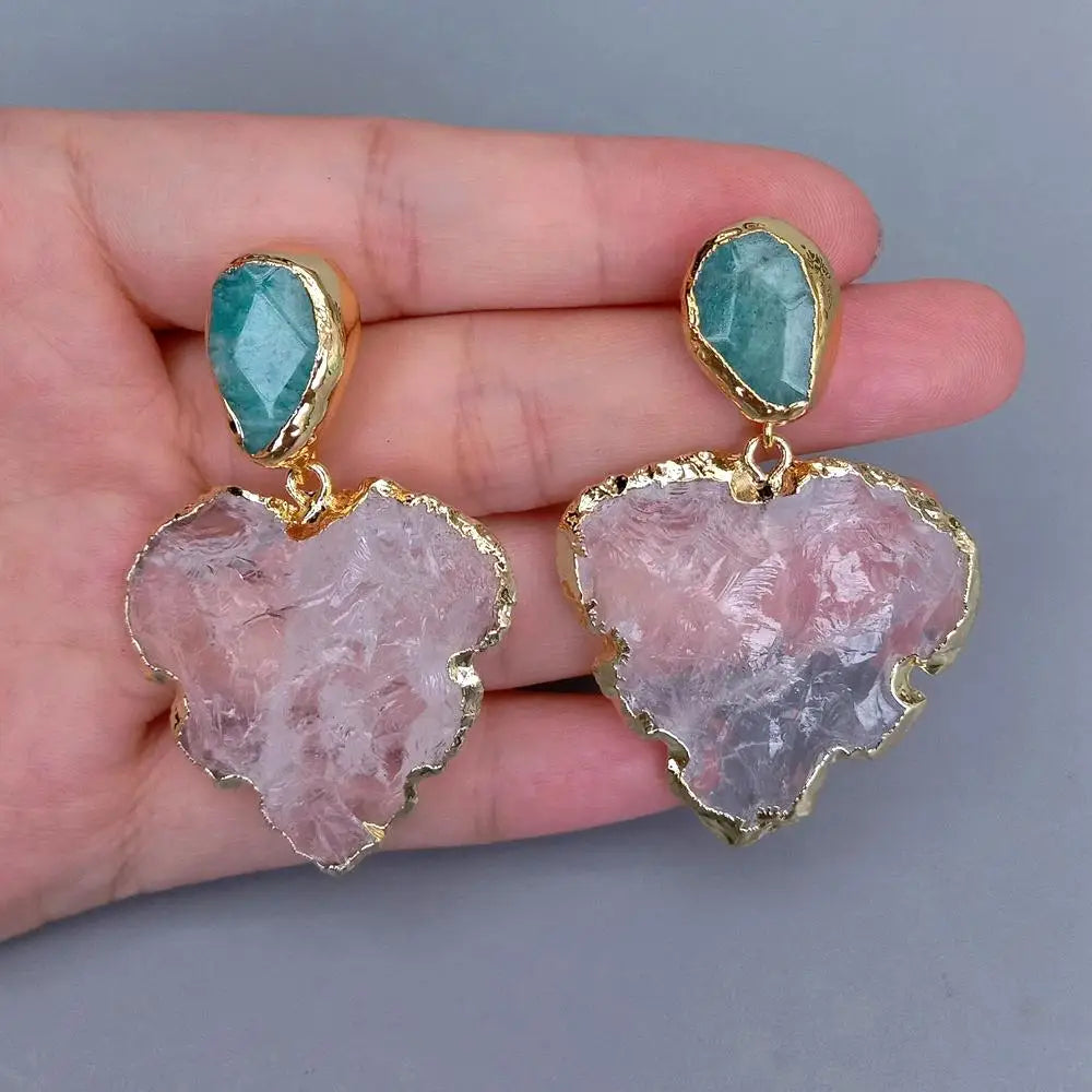 Clear Quartz & Amazonite Leaf Earrings