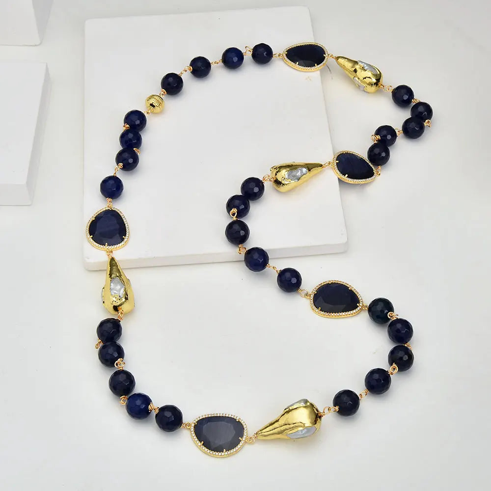 Blue Agate Biwa Pearl Station Necklace