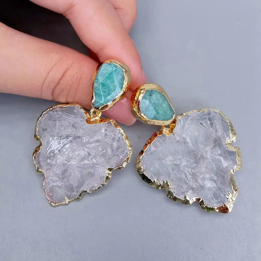 Clear Quartz & Amazonite Leaf Earrings