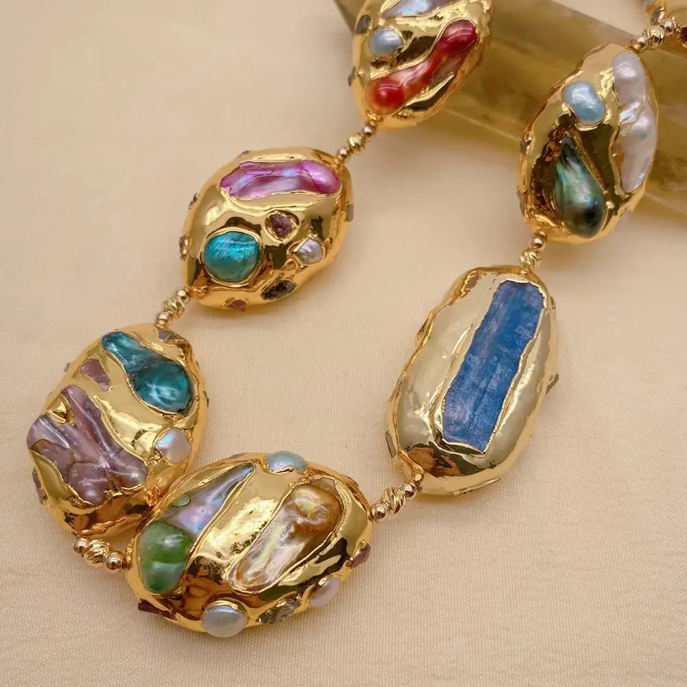 Natural Shell Pearl Blue Kyanite Multi Color Necklace