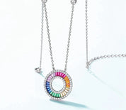 925 Silver Rainbow Colorful Zicron Circle Pendant Necklace