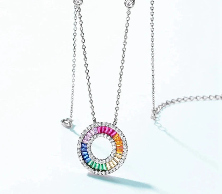 925 Silver Rainbow Colorful Zicron Circle Pendant Necklace