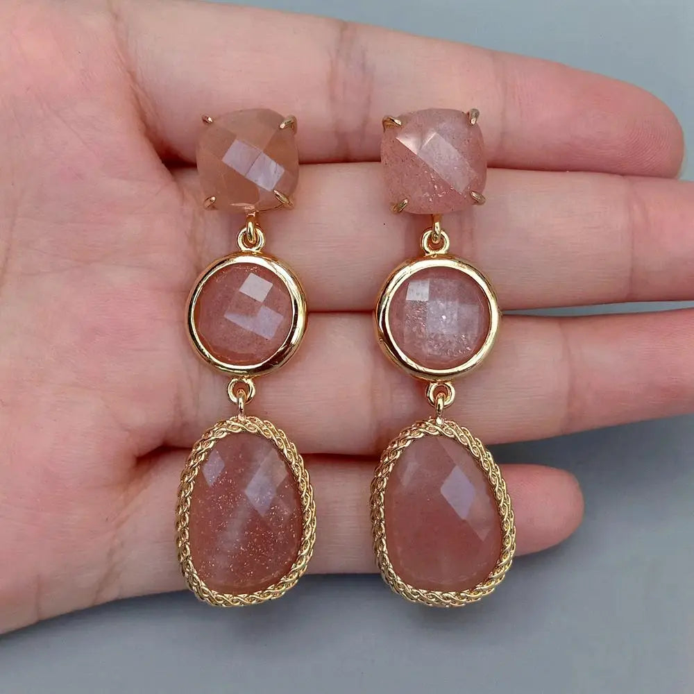 Natural Gemstone Purple Amethyst & Sunstone Drop Earrings