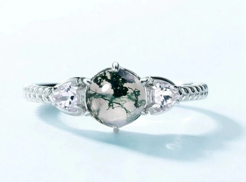 925 Silver 6*6mm Natural Moss Agate Rings