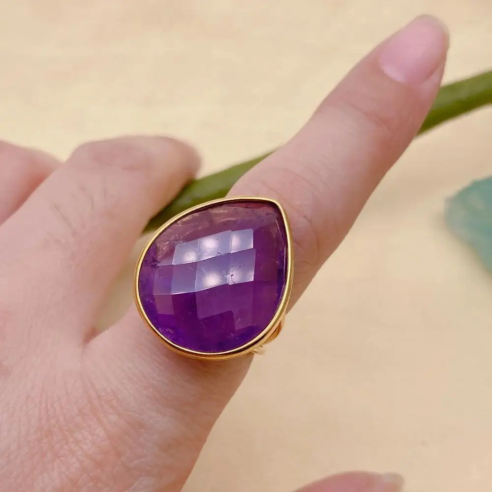 Natural Gemstone Green Fluorite & Purple Amethyst Teardrop Rings
