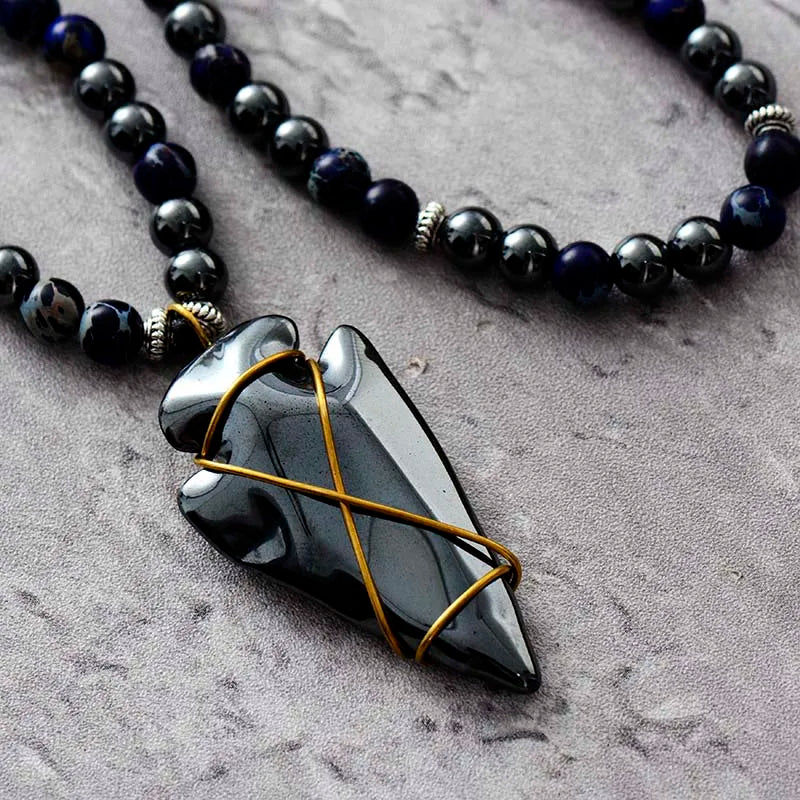 Natural Gemstone Hematite Arrow head  pendant Bead Necklace