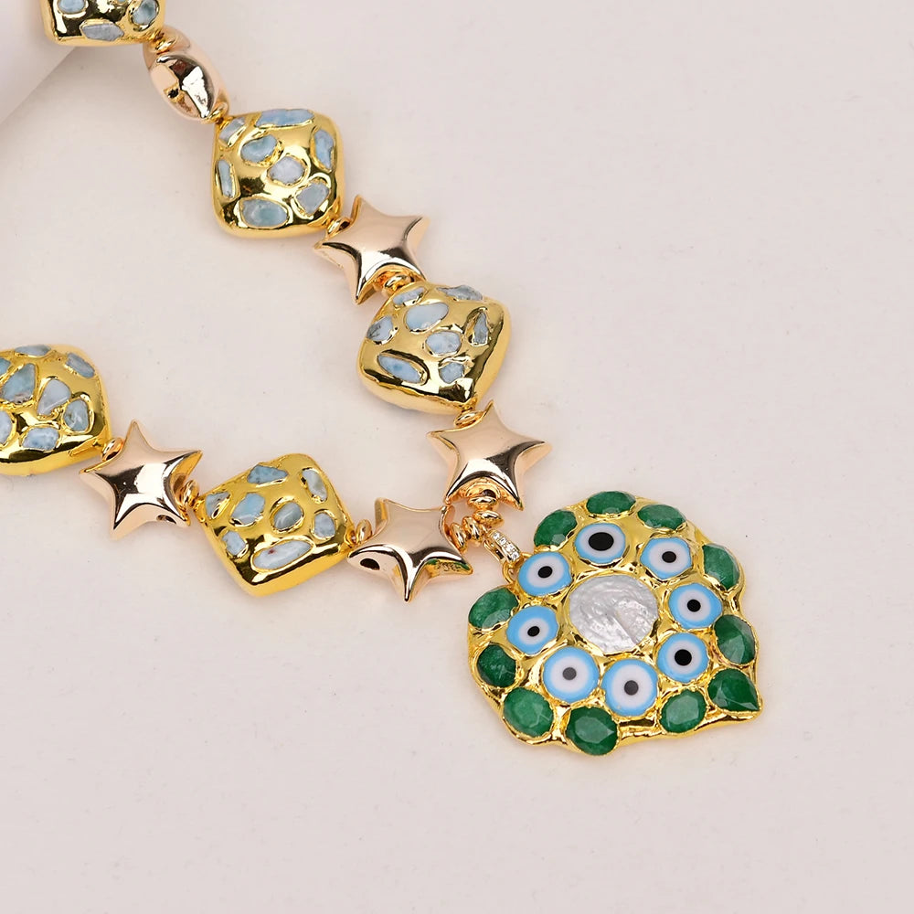 Natural Blue Larimar Pearl Gold Plated Beads Heart Shaped Pearl Jade Pendant Statement Necklace