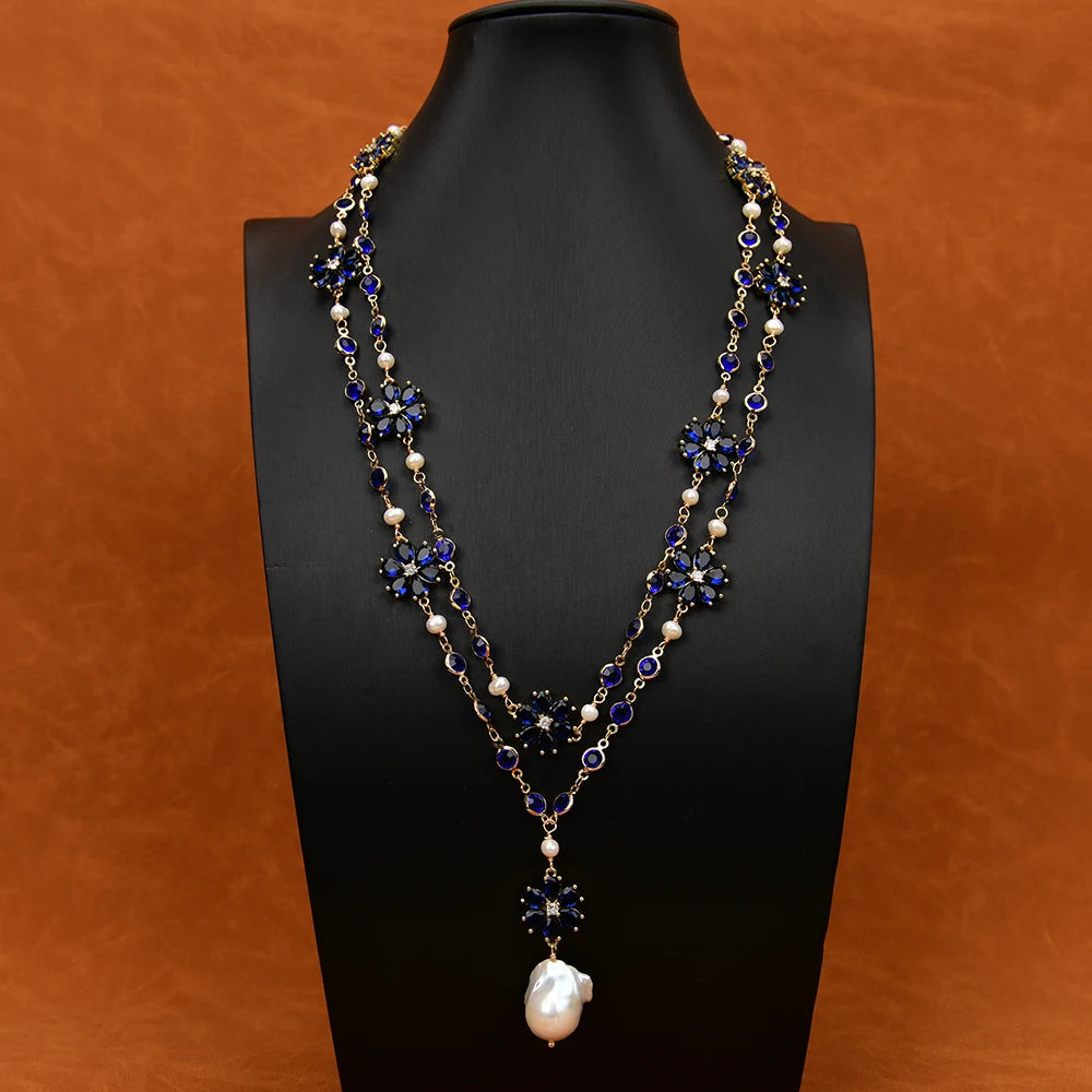 Natural  Baroque Pearl Pendant Crystel Flower Necklace