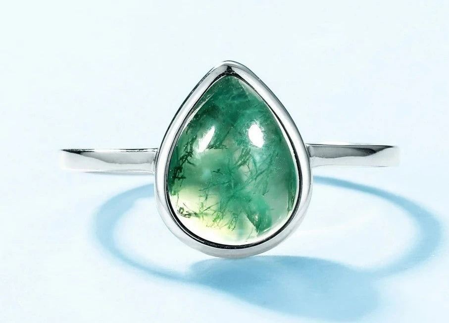 925 Silver Moss Agate Adjustable Ring