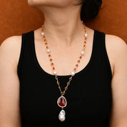 Natural Cultured White Rice Pearl Red Crystal Baroque Pearl Pendant Necklace