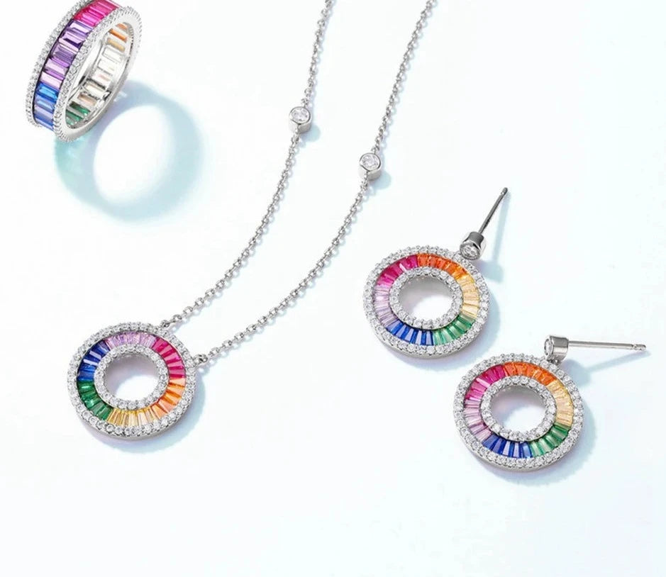 925 Silver Rainbow Colorful Zicron Circle Pendant Necklace