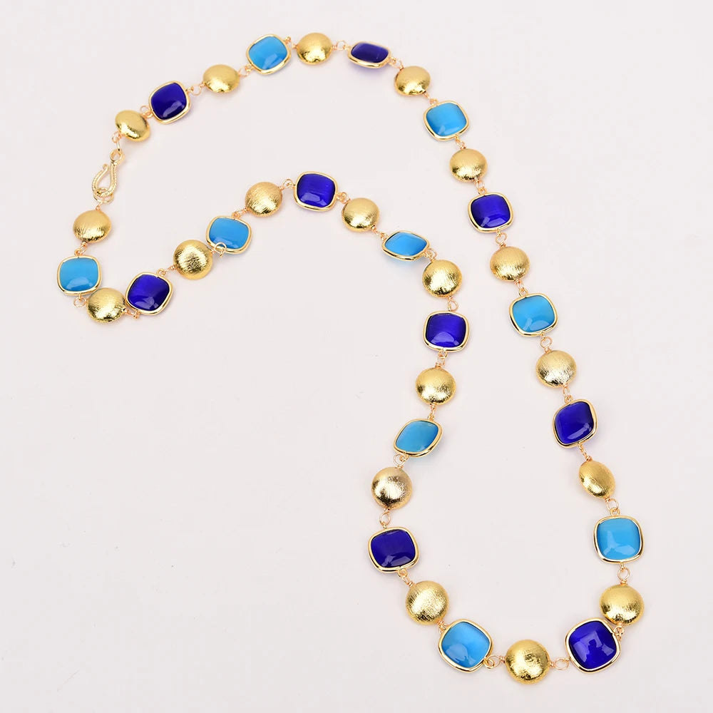Blue Cat Eye Gold Bead Sweater Chain