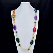 Natural Agate Chunky Real Stone Cat eye 18k plated Gold Beads CZ Long Necklace