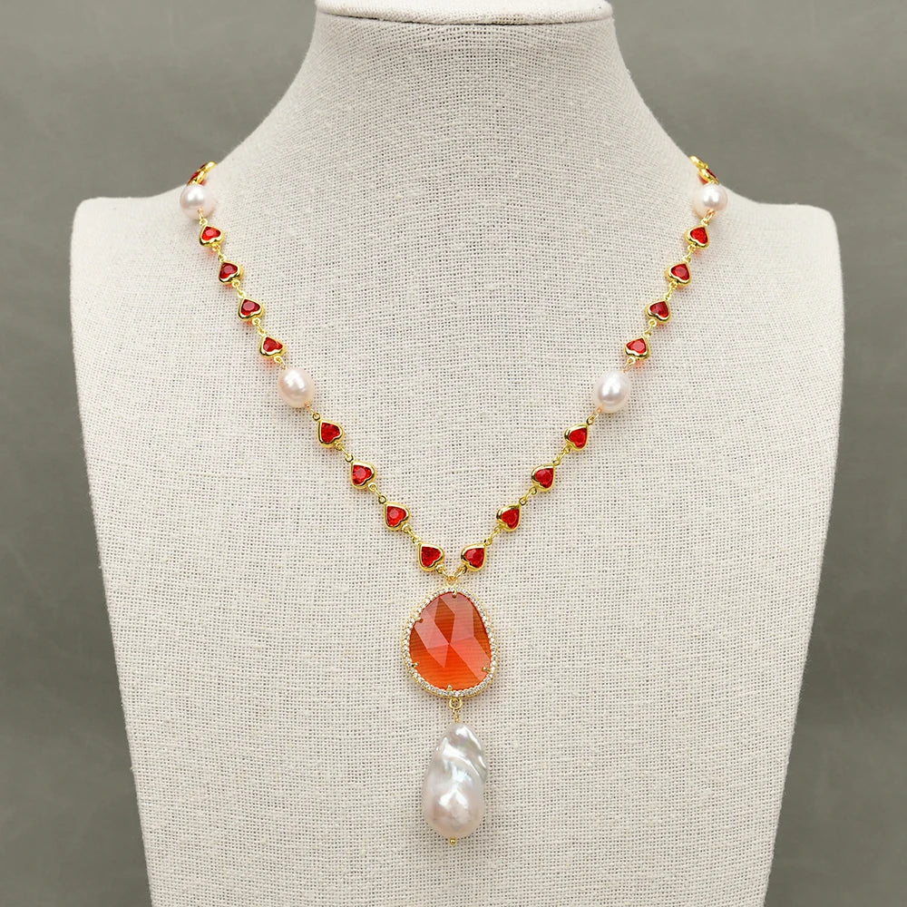 Natural Cultured White Rice Pearl Red Crystal Baroque Pearl Pendant Necklace