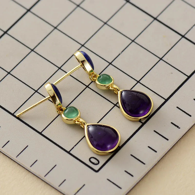 Natural Gemstone Amethyst & Lapis Stud Earrings