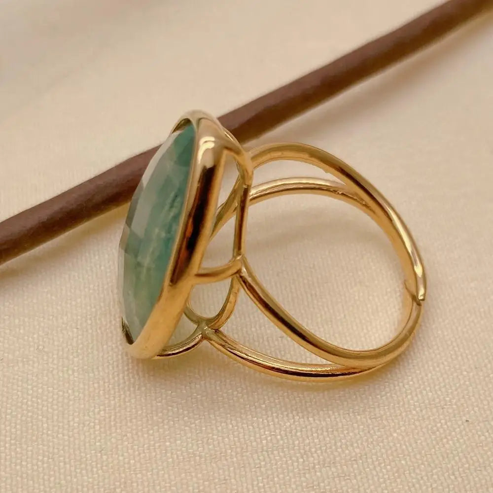 Natural Gemstone Green Fluorite & Purple Amethyst Teardrop Rings