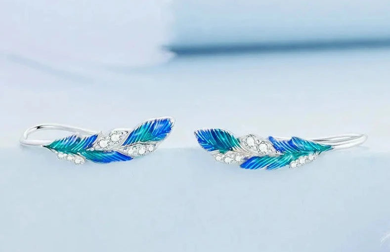 925 Sterling Silver Blue Feathers Earrings