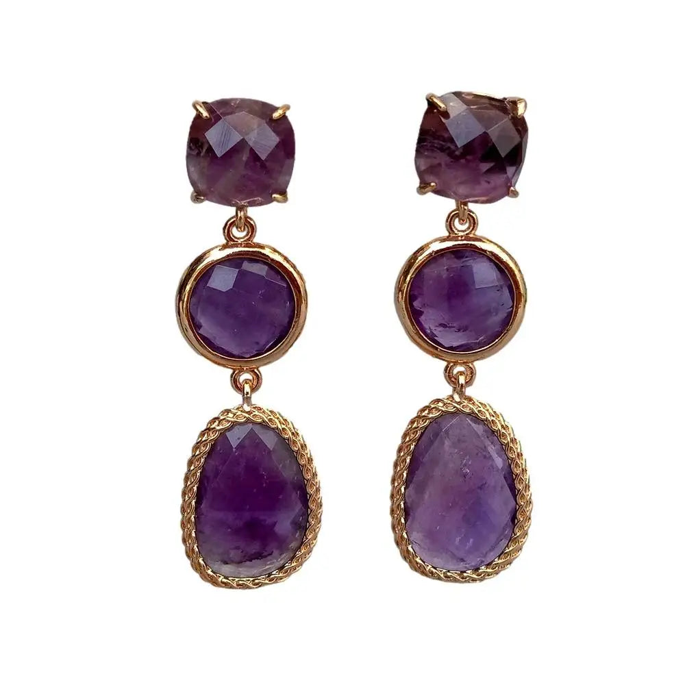 Natural Gemstone Purple Amethyst & Sunstone Drop Earrings