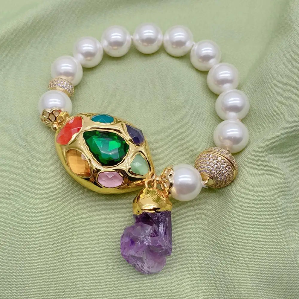 12mm White Sea Shell Pearl Multi Color Crystal Bead Bracelet