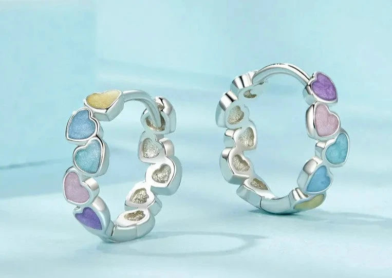 925 Sterling Silver Multi-color Heart Hoop Earrings